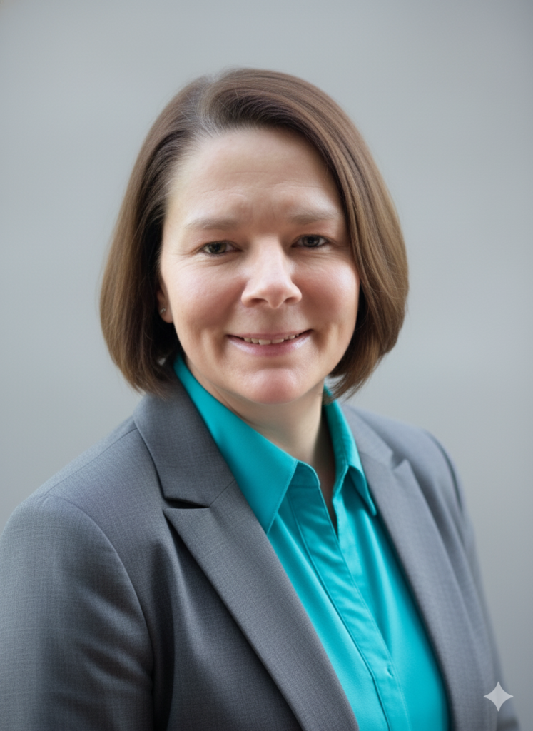Profile picture of Jen Veloff wearing grey jacket and turquoise shirt